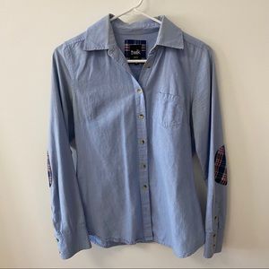 SIMONS TWIK BLUE COLLARD SHIRT WITH ELBOW PATCHES